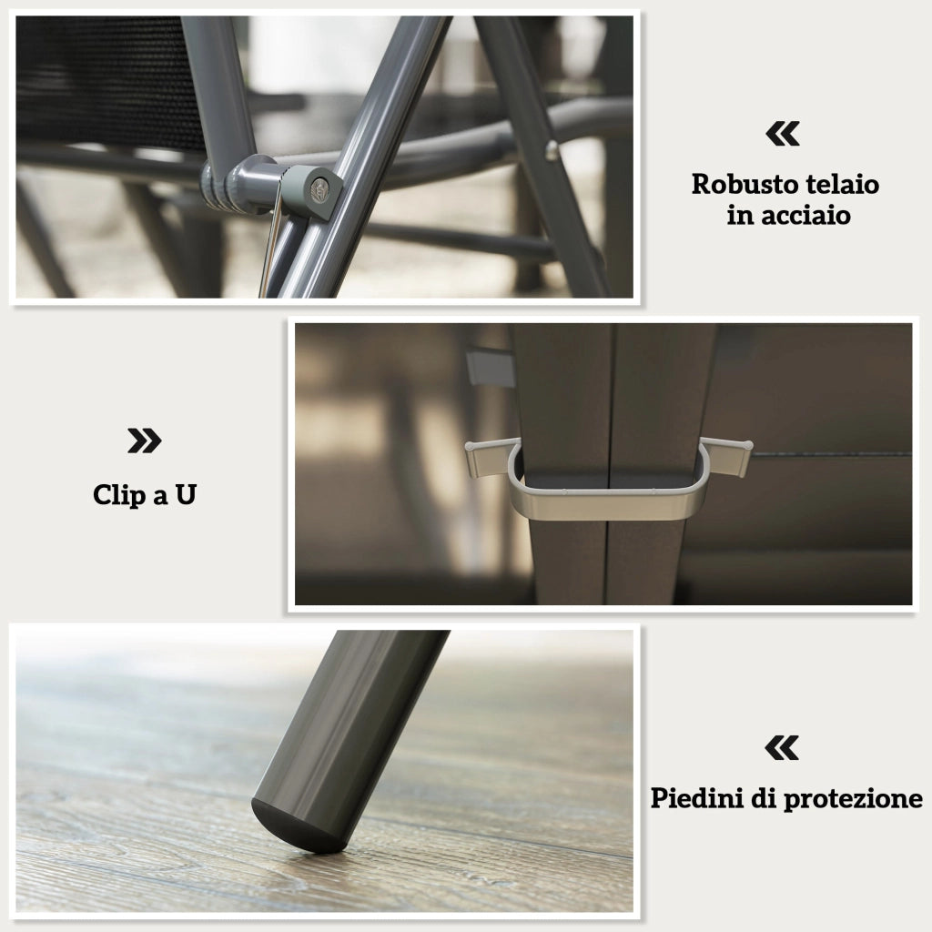 Set da Giardino con Tavolo da Pranzo Allungabile e 6 Sedie Pieghevoli in Acciaio Alluminio e Rete Grigio e Nero