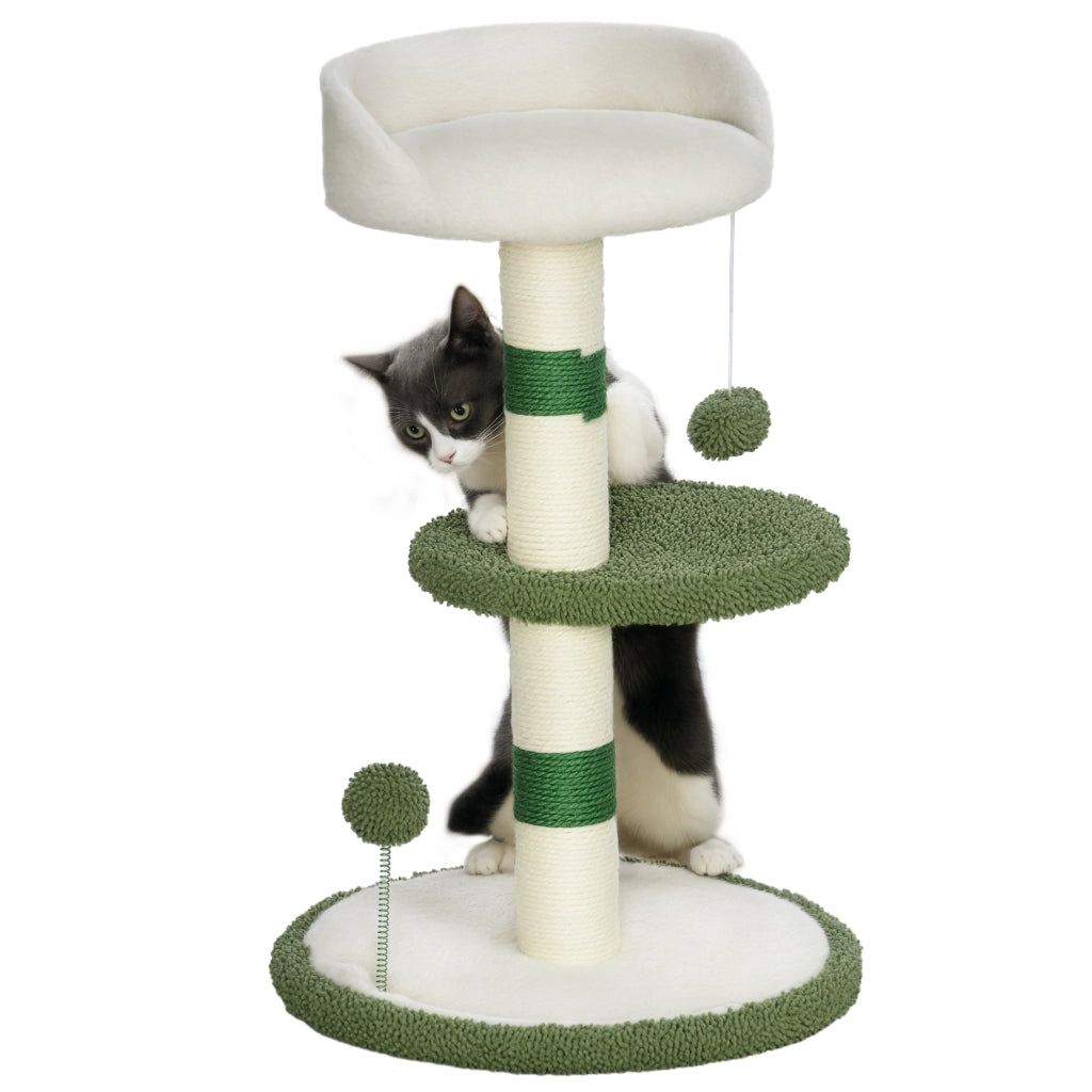 Albero Tiragraffi con Lettino per Gatti, 2 Palline, Piattaforma e Palo in Sisal, Verde e Bianco