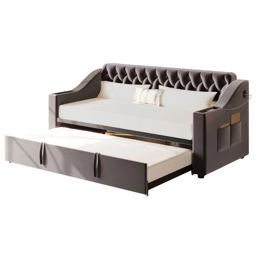 Letto imbottito 90x190 cm grigio in velluto con rete a doghe e USB
