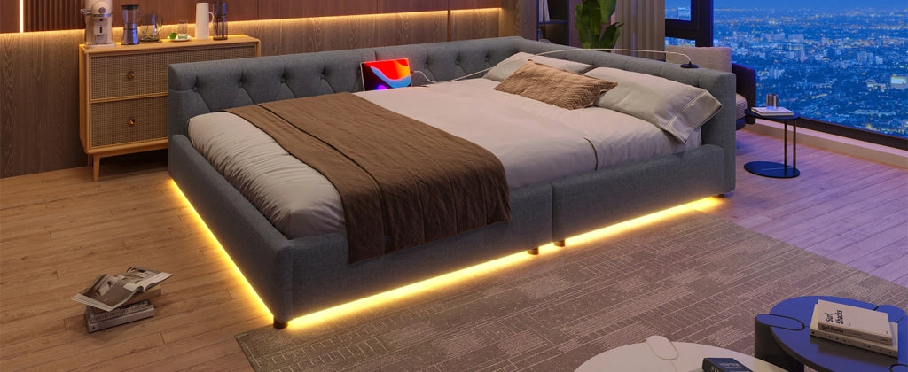 DESMIU Letto a giorno 140 × 200 cm 2 posti con USB, Type-C e LED, senza materasso, in lino, grigio