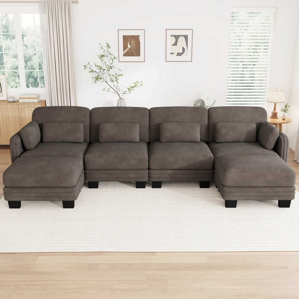 Divano modulare a U 4 posti in ciniglia marrone; 330x143x88 cm