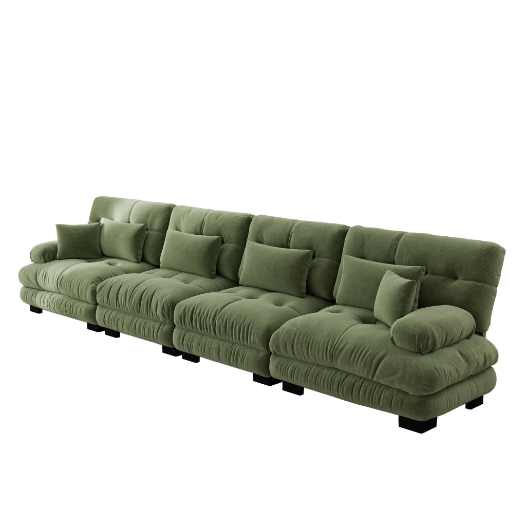 Divano angolare modulare in chenille con seduta profonda e cuscini decorativi per soggiorno verde 406 × 77 × 81 cm