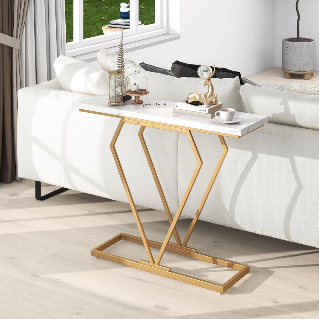 Tavolo consolle da ingresso, 100 x 29,5 x 80 cm, superficie in marmo artificiale e gambe metalliche, tavolo stretto per dietro il divano, tavolo rettangolare per lobby, soggiorno
