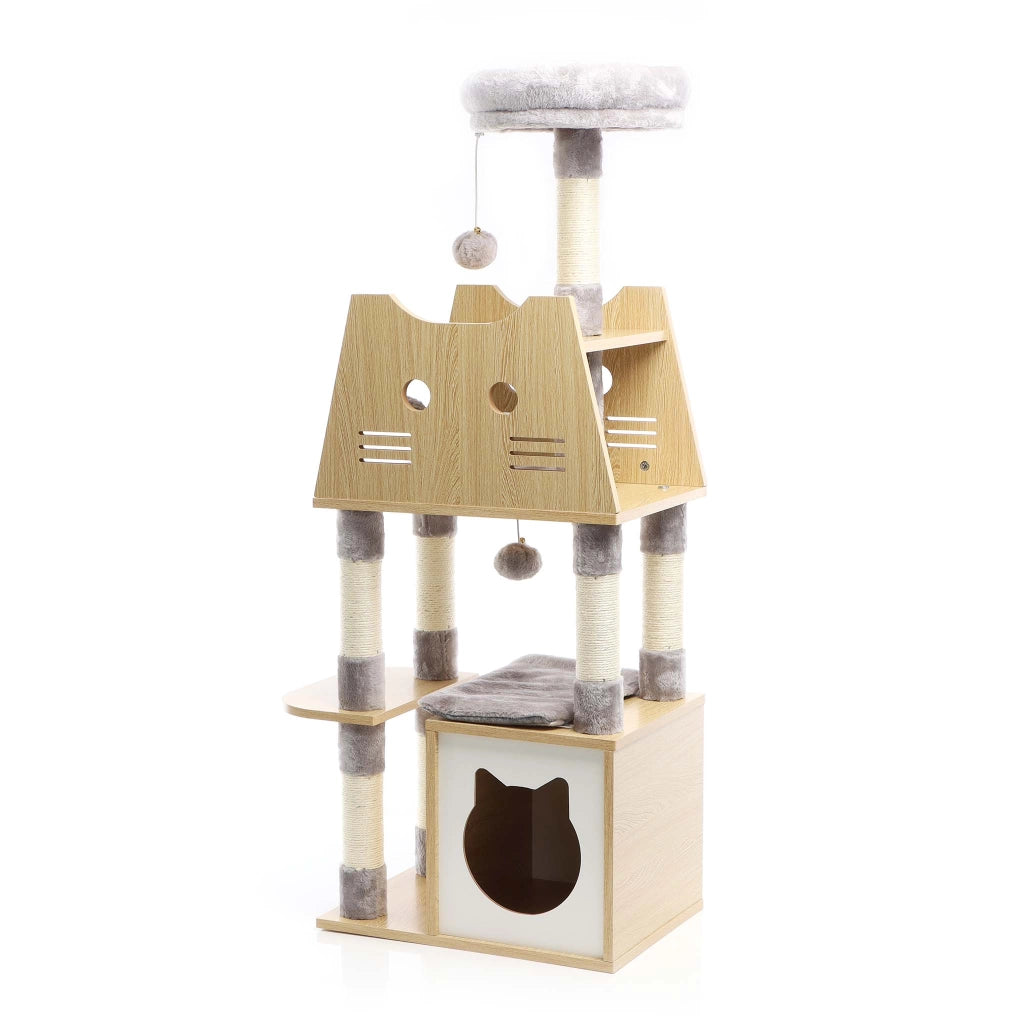 Fudajo Albero tiragraffi Legno grigio 126cm Con casetta per gatti, nicchia, colonne in sisal, cuccia