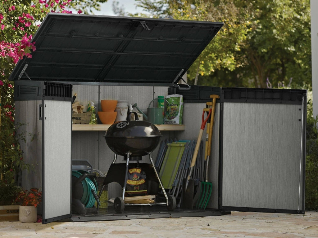 Armadio da esterno Leduc, Mobile outdoor, Mobiletto giardino multiuso, Contenitore per balcone o garage, 191x109 h133 cm, Grigio