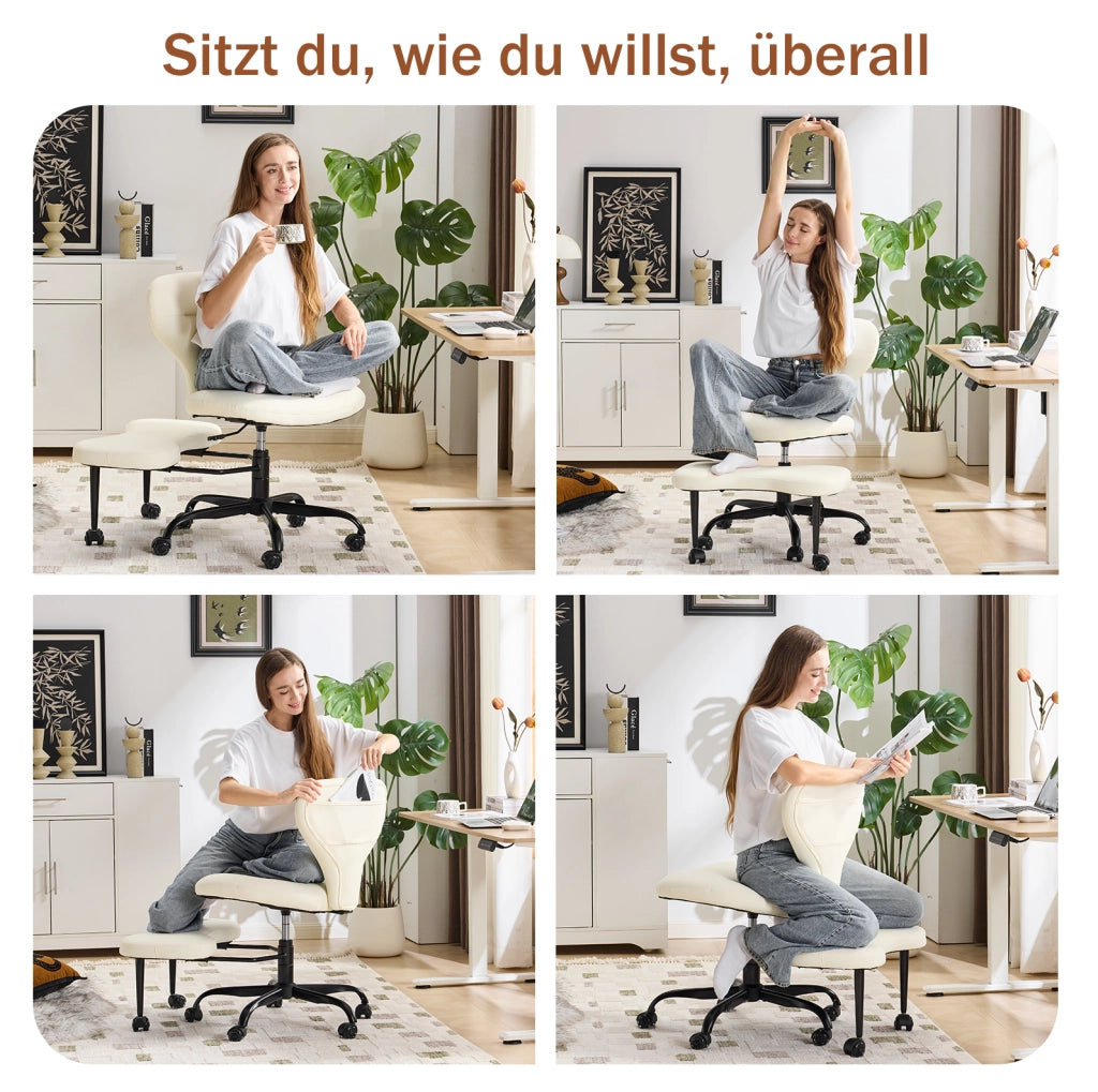Sedia ergonomica da meditazione e ufficio con ruote silenziose; girevole 360°; in pelle bianca