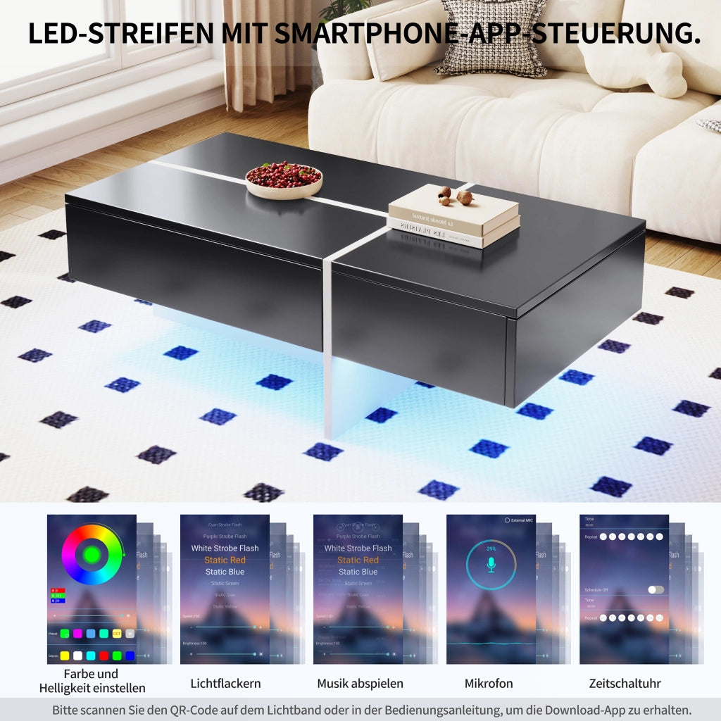 TAVOLINO DA SALOTTO 100x50x34,5 cm Nero Lucido con LED App e 3 cassetti