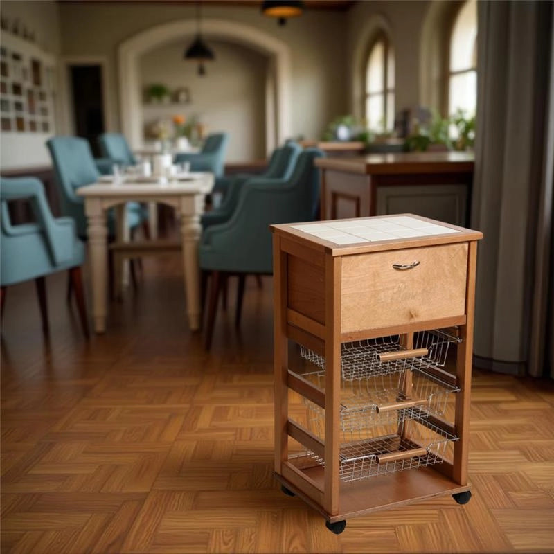 CARRELLO VESUVIO PORTAPANE ROVERE IN FAGGIO BASE INFERIORE MULTISTRATO DI BETULLA 1 CASSETTO 3 CESTELLI PIANO MATTONELLE IN CERAMICA