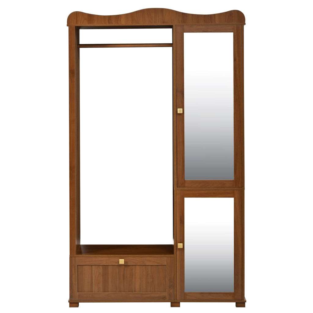 Armadio aperto con specchio integrato a figura intera, 2 ante e cassetti, per camera da letto e ingresso, in MDF noce