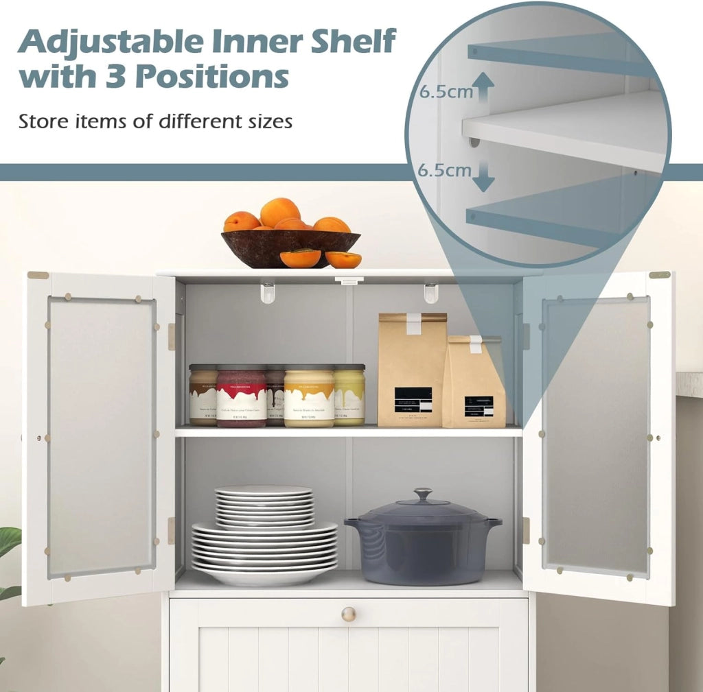 Armadietto da bagno con ante in vetro e ripiano regolabile, per bagno, cucina e soggiorno, 60 x 30 x 108 cm (2 cassetti + 1 armadio, bianco)