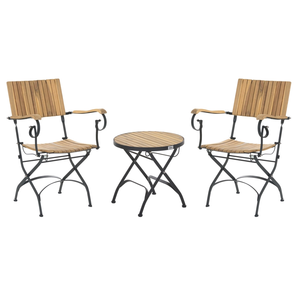 Set da bistrot da 3 pezzi in legno di acacia marrone chiaro con struttura in acciaio, tavolino rotondo pieghevole, per giardino e terrazza