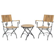 Set da bistrot da 3 pezzi in legno di acacia marrone chiaro con struttura in acciaio, tavolino rotondo pieghevole, per giardino e terrazza