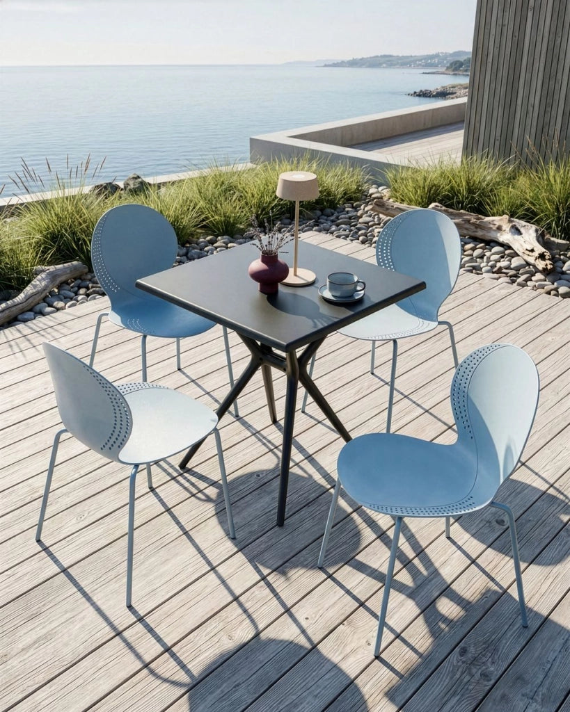 Set di 4 sedie da giardino azzurro in materiale sintetico plastico per interni ed esterni, sala da pranzo in stile moderno