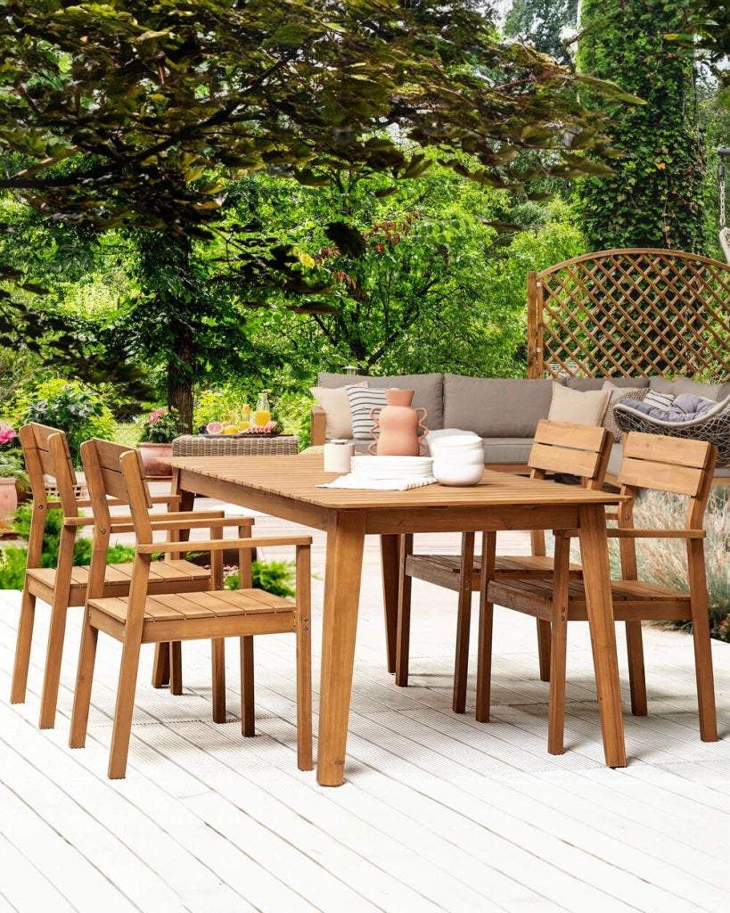 Set di 4 sedie da giardino in legno di acacia chiaro da esterno con braccioli in stile rustico