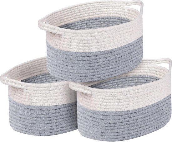 Contenitore di archiviazione a 3 pezzi, corda di cotone intrecciata, cesta intrecciata, contenitore decorativo di archiviazione, contenitore multifunzionale da accumulare, grigio/bianco