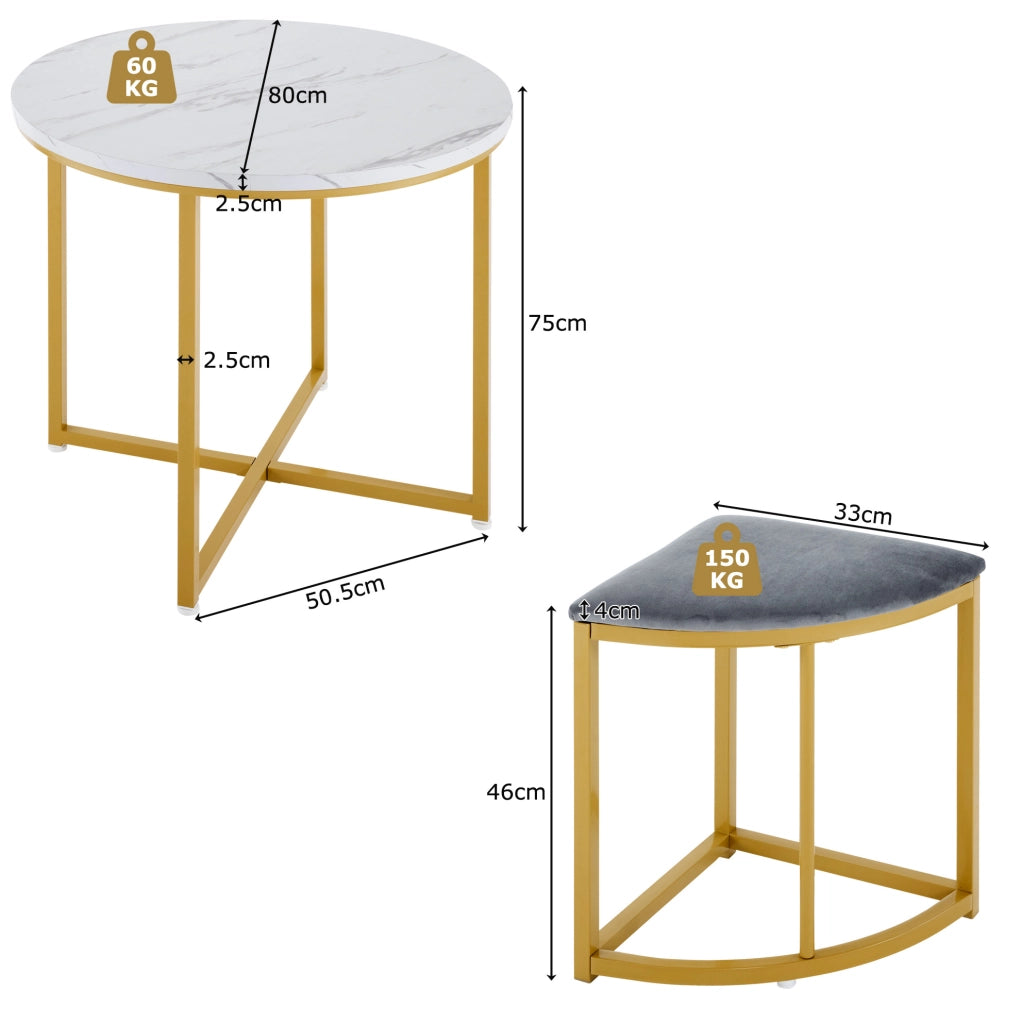 Set da pranzo rotondo 80 cm con 4 sedie; MDF; metallo; bianco e grigio
