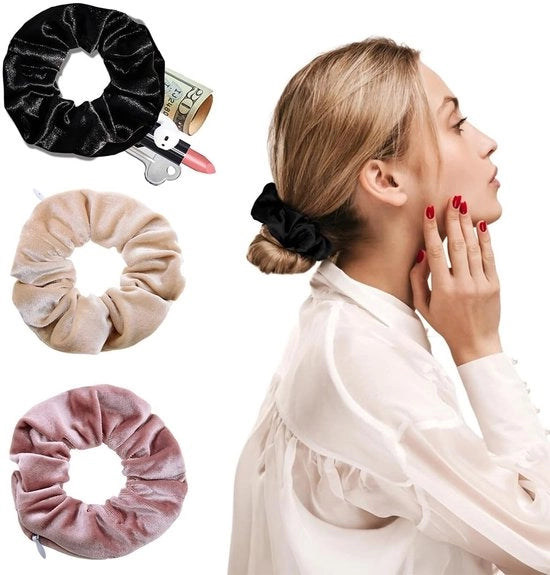 Set di elastici per capelli con taschino nascosto - Scrunchie in velluto - 3 pezzi - Taschino per accessori - Soffice e idoneo per la pelle - Comodo da portare in viaggio