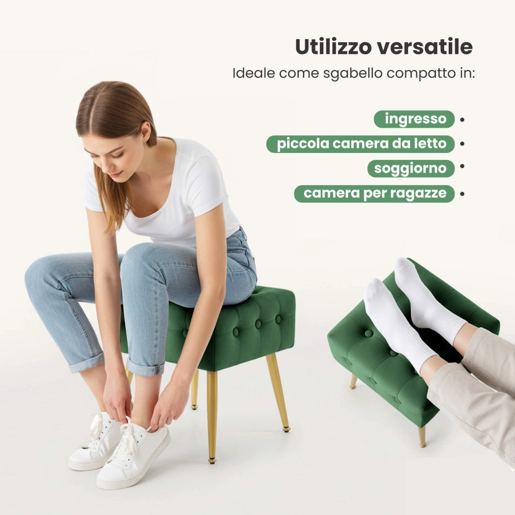 Pouf sgabello in velluto trapuntato 40 cm QUADRA Verde Bottiglia