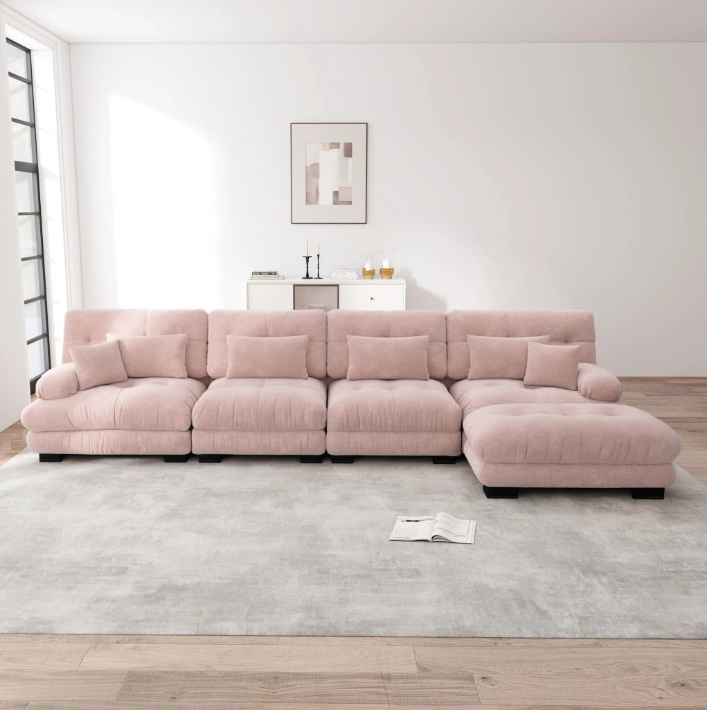 Divano modulare con ottomane mobili in ciniglia rosa