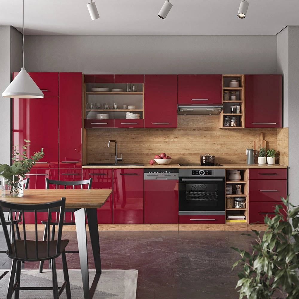 Cucina componibile Fame-Line Bordeaux lucido/Rovere dorato 355 cm, PL Marmo Vicco