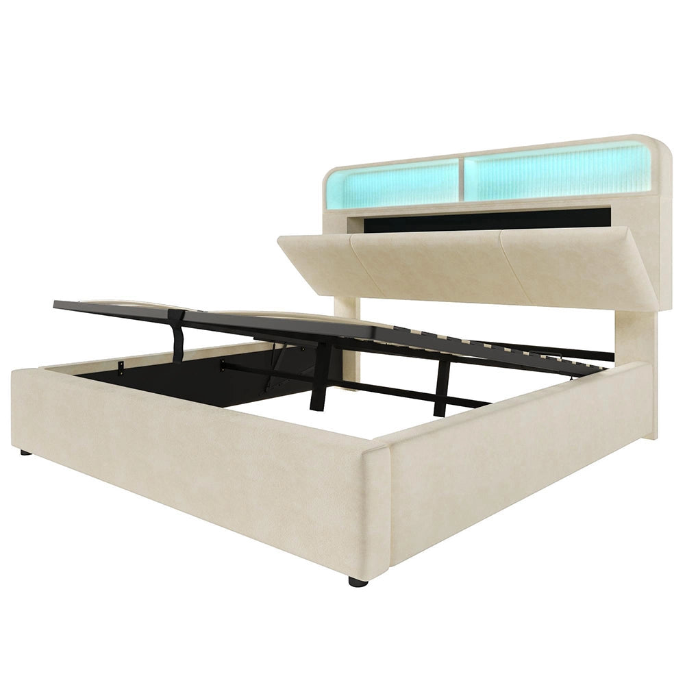 Letto Matrimoniale Idraulico 160x200cm - Xylo - Testiera Regolabile LED con USB, Velluto Beige