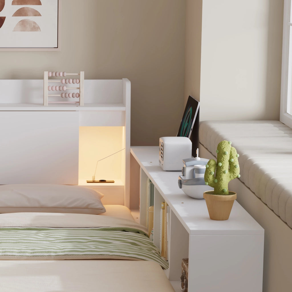 Letto Matrimoniale 140x200 cm con Testiera Contenitore; 2 Luci; Presa; Cassetti - Bianco