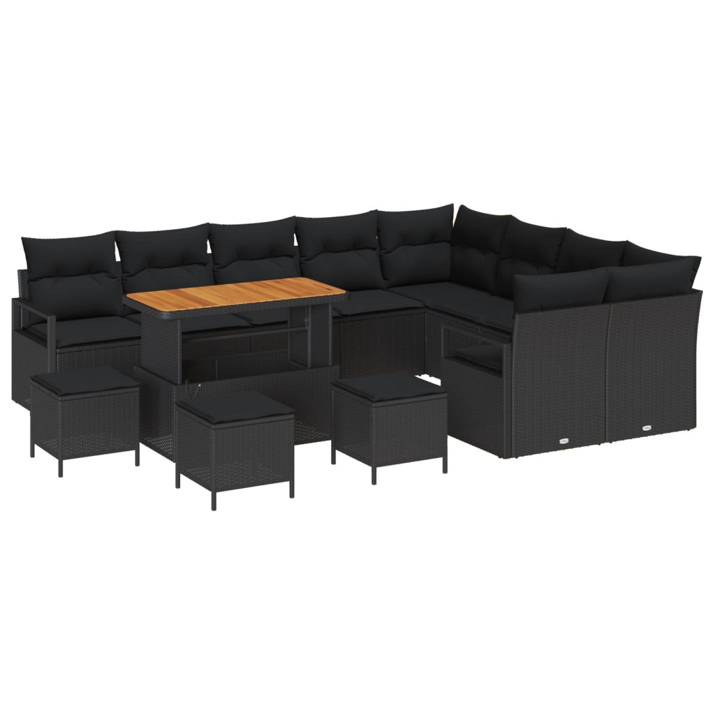 Set di Divani da Giardino  13 Pezzi con Cuscini Nero Polyrattan Acacia
