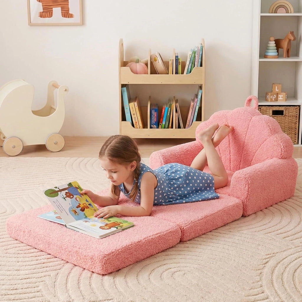 Divano Pieghevole per Bambini, Divanetto Trasformabile 2 in 1 con Rivestimento in Tessuto Morbido e Fondo Antiscivolo, Poltrona Letto Comodo per Bambini per Camere da Letto e Soggiorno (Rosa)