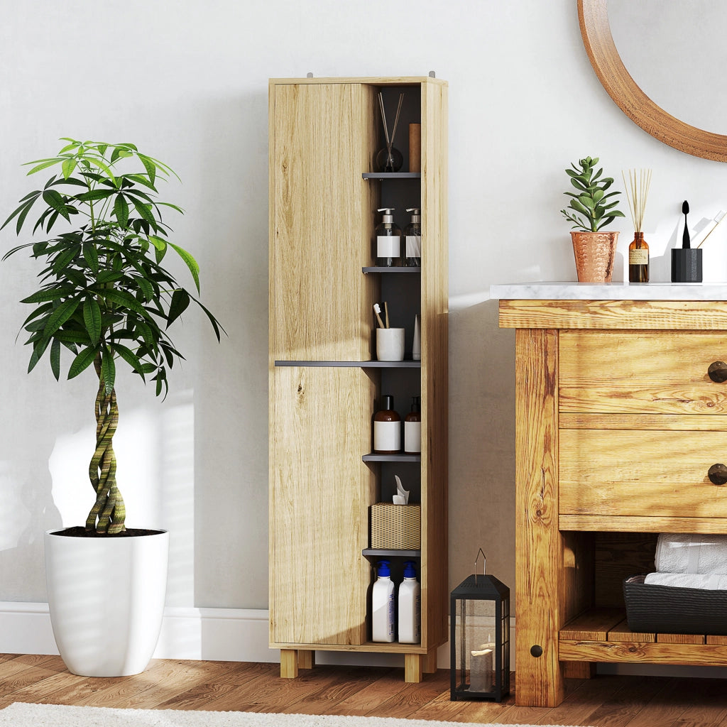 Armadio colonna bagno con 6 ripiani aperti e 2 ante ¨C zephmum ¨C legno naturale