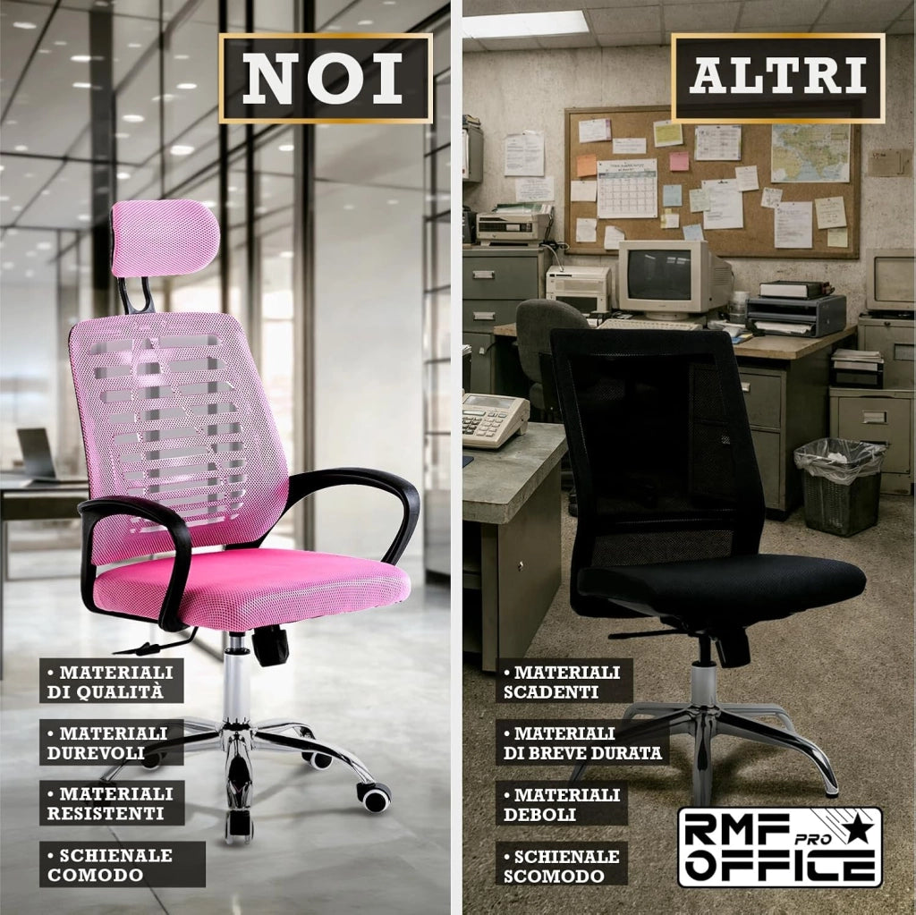 RMF Sedia Ufficio Ergonomica Professionale Reclinabile, Sedia Scrivania in Rete con Seduta Comoda e Rilassante - Poltrona Relax Ufficio con Ruote Girevoli Altezza Regolabile ROSA