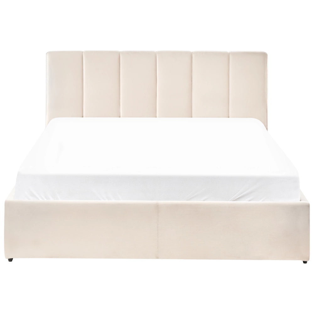 Letto contenitore Rivestimento in velluto beige 140 x 200 cm con testiera a doghe