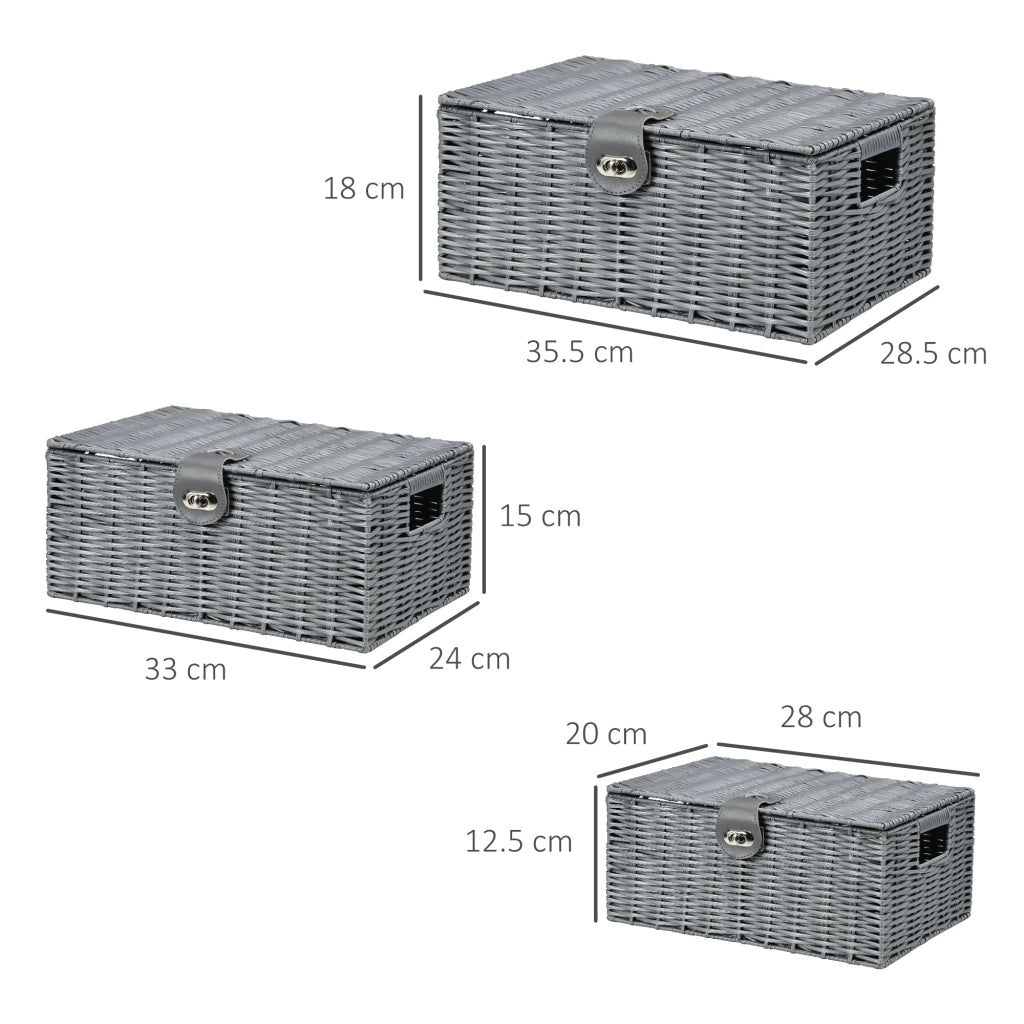 Set 3 Cesti Portaoggetti in Vimini PP e Polipropilene Grigio