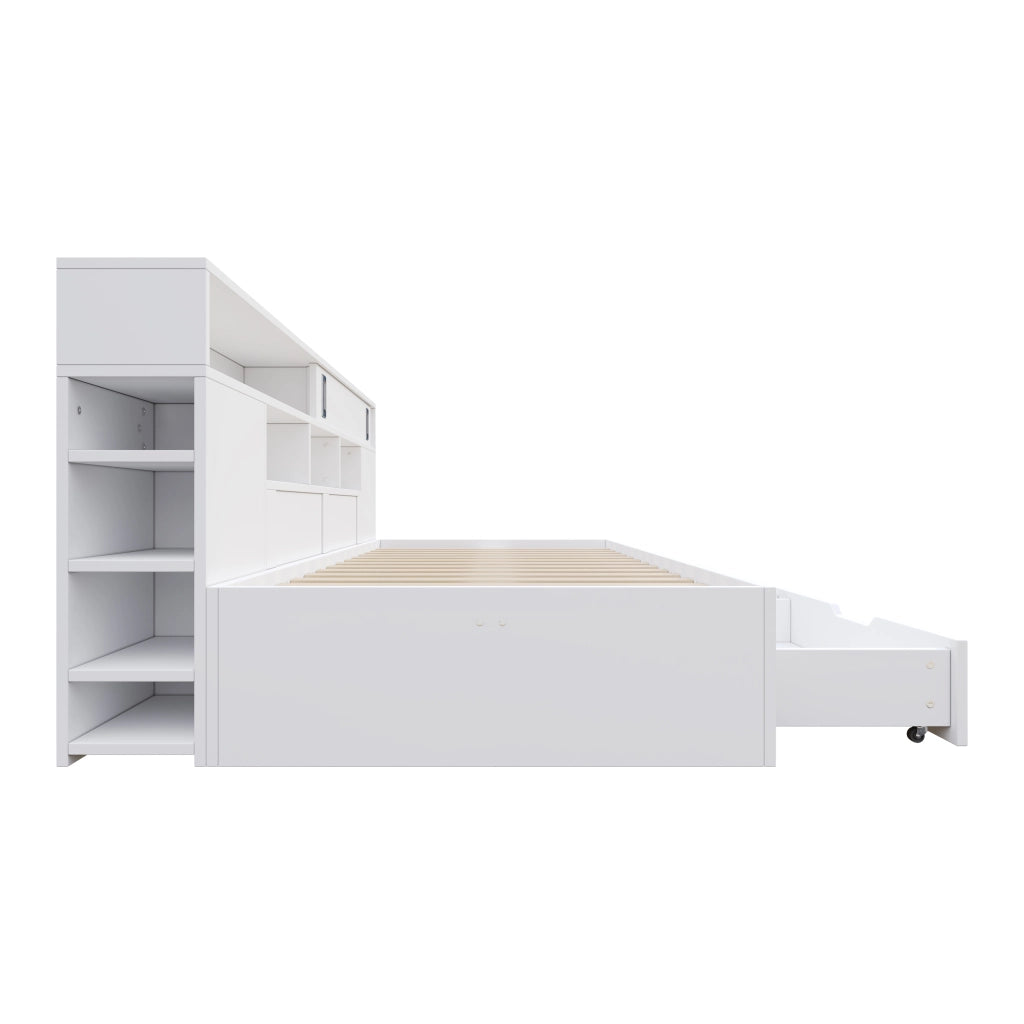 Letto singolo 90x200 cm in MDF bianco con cassetti, ripiani e armadietto, senza materasso