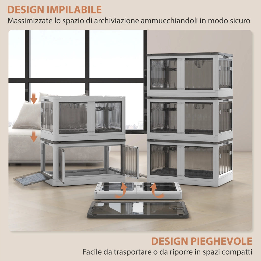 Contenitore in Plastica con Coperchio Impilabile e Pieghevole da 69L, 5 Aperture e Ruote, Bianco