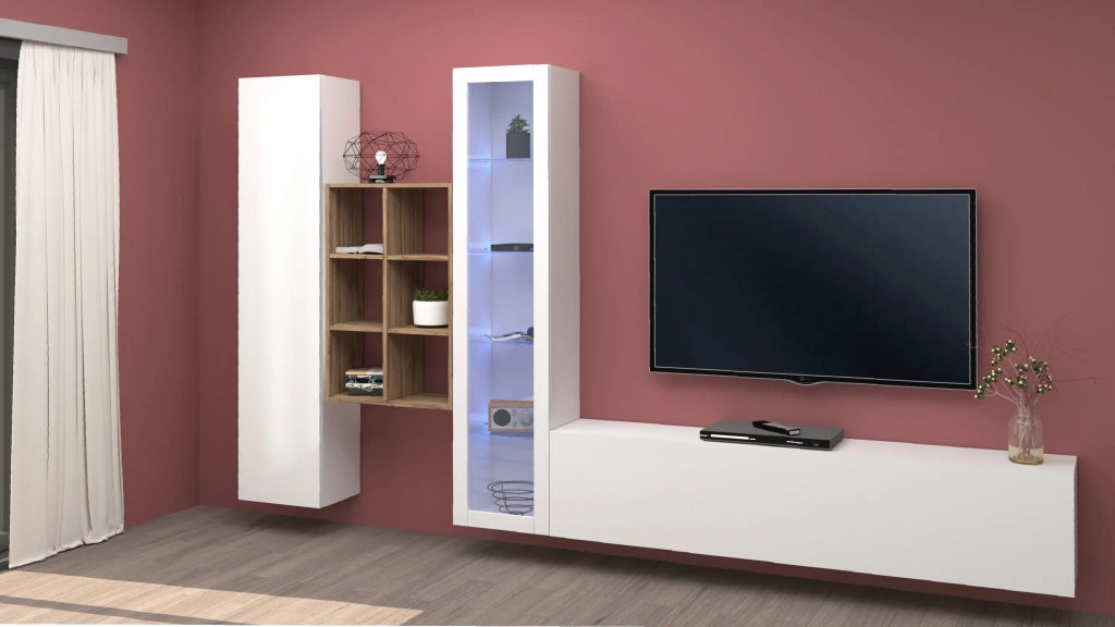 Parete attrezzata soggiorno mobile TV vetrina bianca libreria legno Rold WH