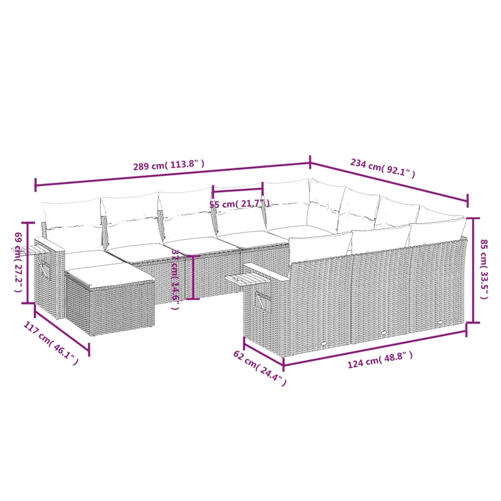 Set Divani da Giardino 11 pz con Cuscini Beige in Polyrattan