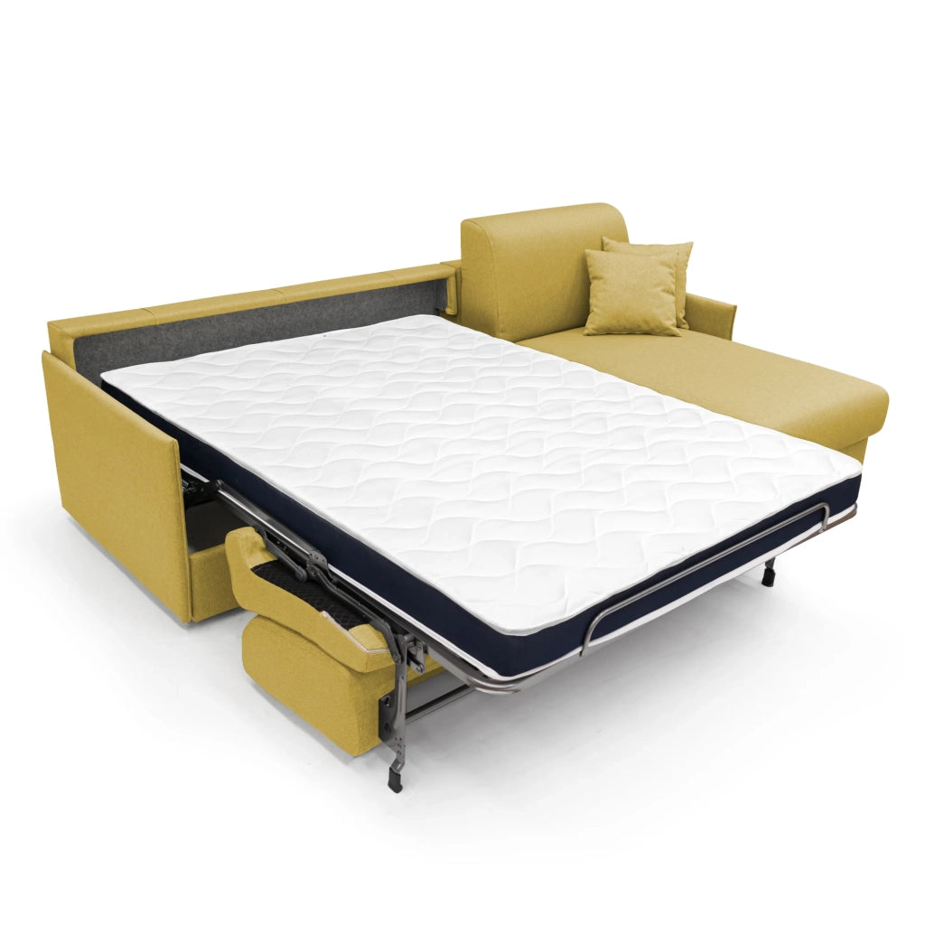 Evans Divano letto angolare con penisola in morbido tessuto impermeabile T13 232 cm Destro (mat. 120x197)  giallo