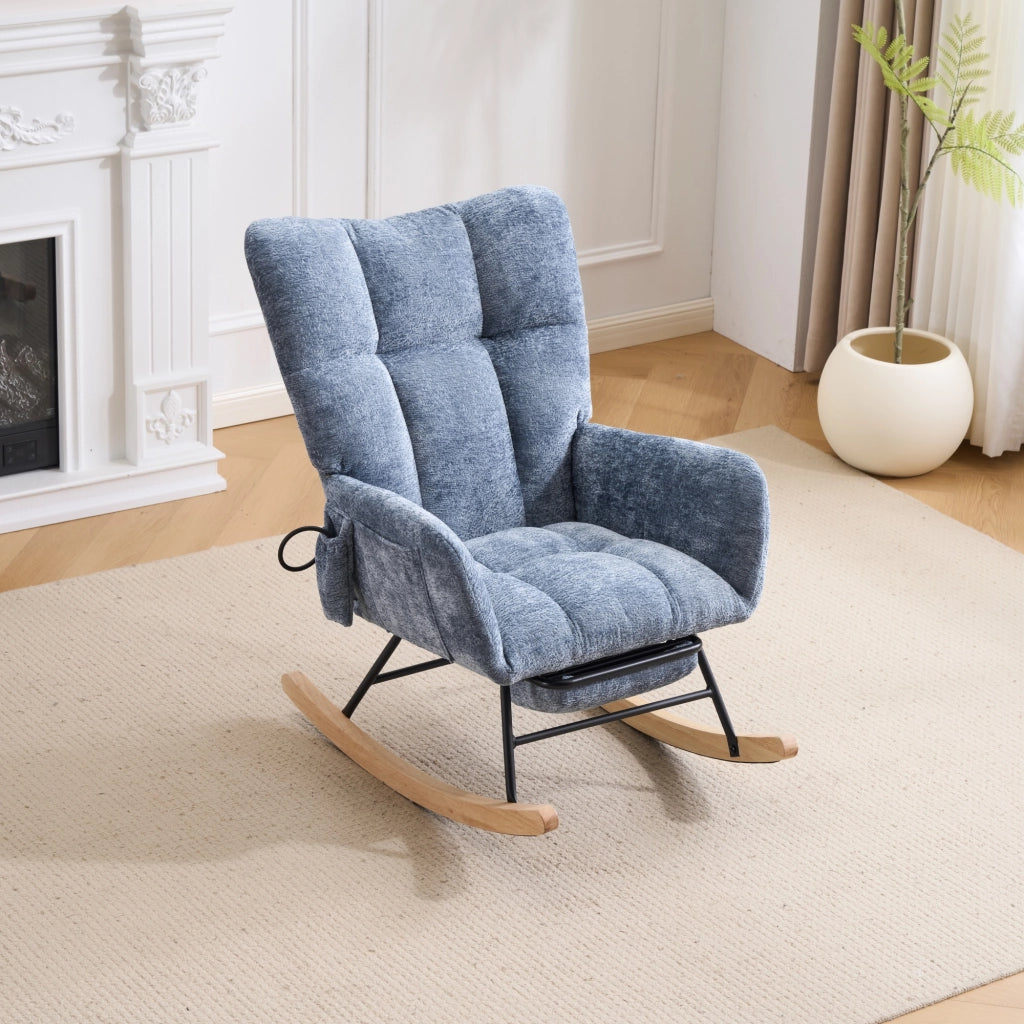 Sedia a dondolo per allattamento in ciniglia blu con cuscino d'aria regolabile, 63x92x89 cm