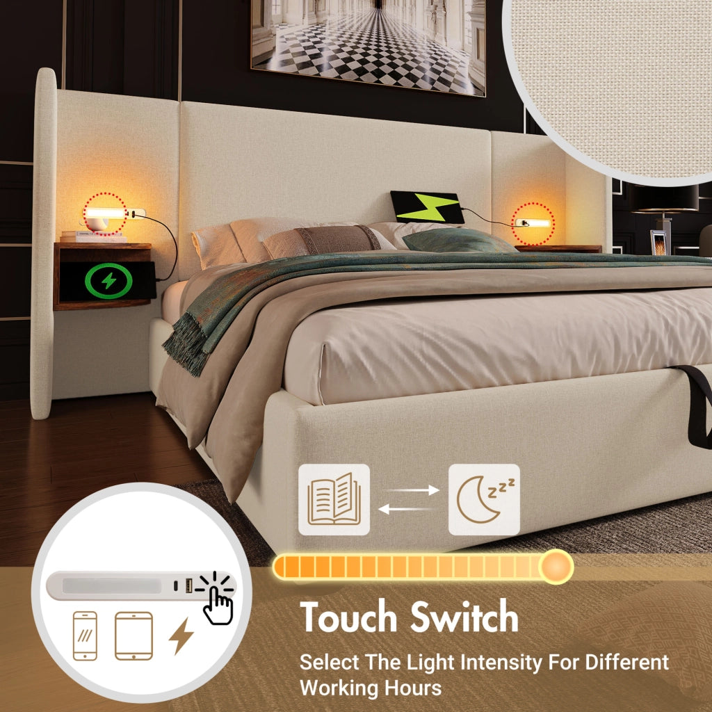 Letto matrimoniale contenitore 160x200 cm con testiera multifunzione; USB e luce da lettura; beige