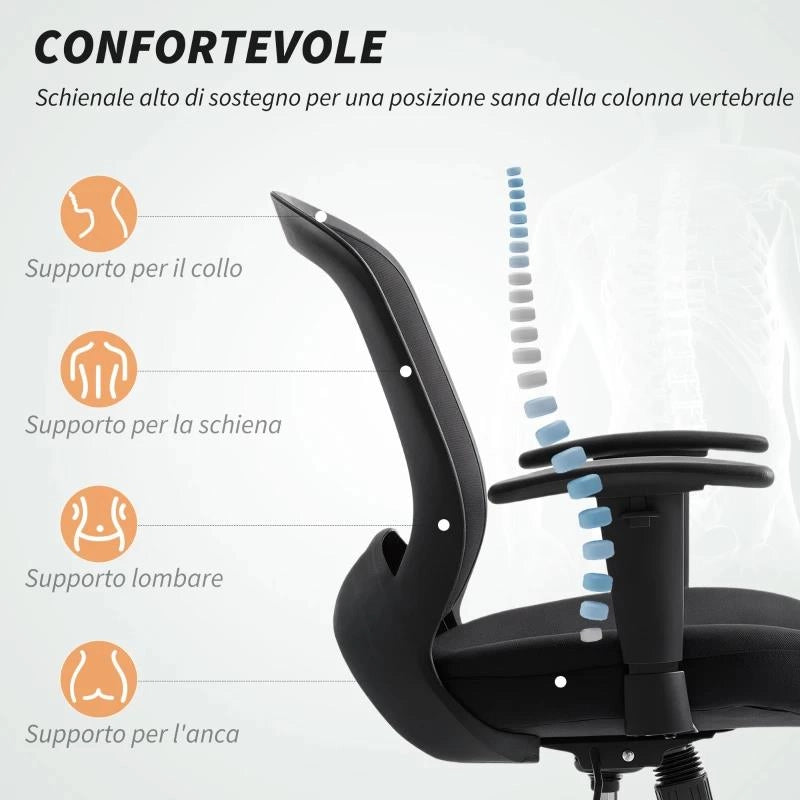 SEDIA DA UFFICIO TRASPIRANTE E RECLINABILE AD ALTEZZA REGOLABILE, IN TESSUTO A RETE, 65X59X92.5-102.5 CM, NERO