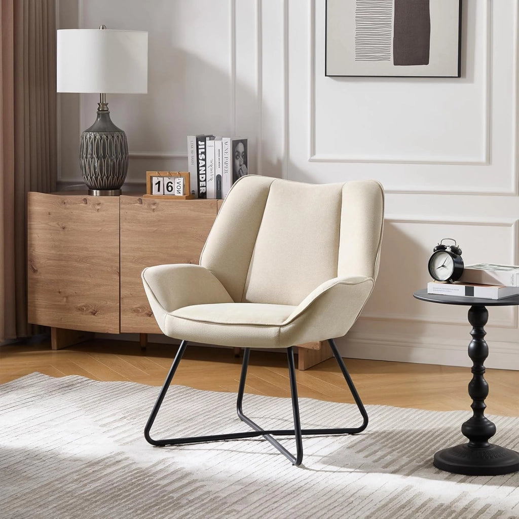 Poltroncina Camera da Letto, Poltrone Salotto, in Lino, con Gambe in Metallo, Portata 150 kg, Beige