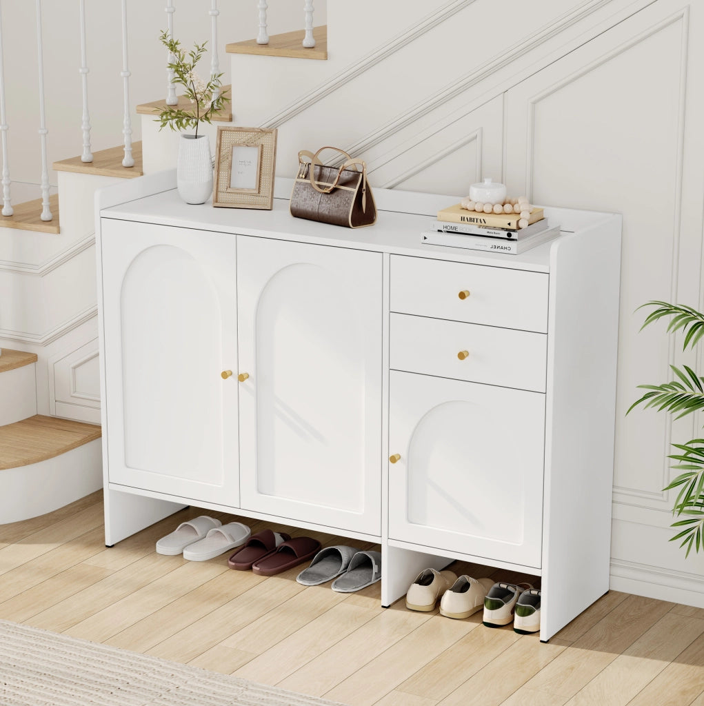 Scarpiera con 3 ante e 2 cassetti, ripiani regolabili, MDF e truciolare, bianca, 120x35x90 cm