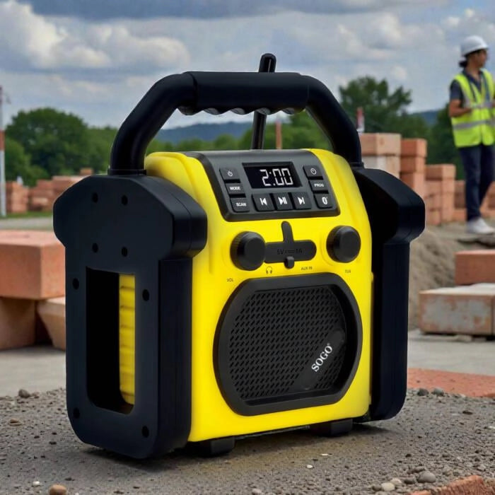 Radio da cantiere ricaricabile, Bluetooth 5.4, FM 87.5-108 MHz, batteria 2000mAh, 10h autonomia, protezione IPX54 - SOGO