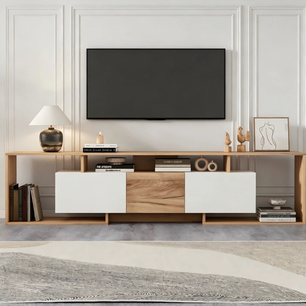 Mobile TV 180x30x49 cm con 6 vani e portata 45 kg in truciolare bianco e naturale