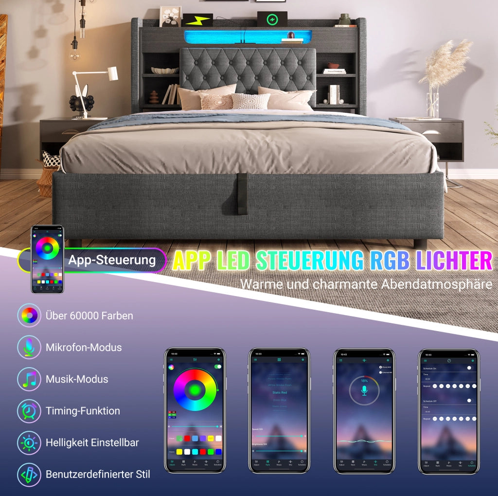 Letto imbottito 180x200 cm con contenitore idraulico, LED e prese di ricarica
