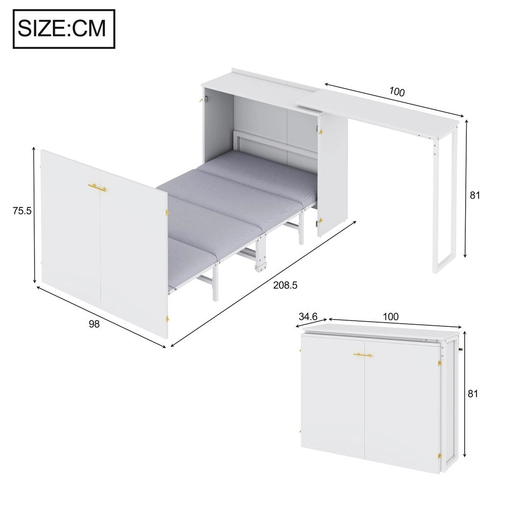 Letto a scomparsa con scrivania girevole e materasso - Zephmum - Risparmio spazio, ruote, ideale per piccoli spazi