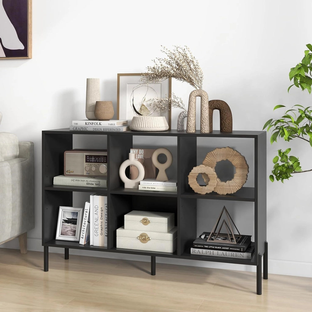 Scaffale a 6 Cubi, Libreria Aperta in Legno con Gambe Metalliche, Ripiani Regolabili in 5 Posizioni, Dispositivo Antiribaltamento, Scaffale per Casa e Ufficio, 120 x 35 x 79,5 cm (Nero)