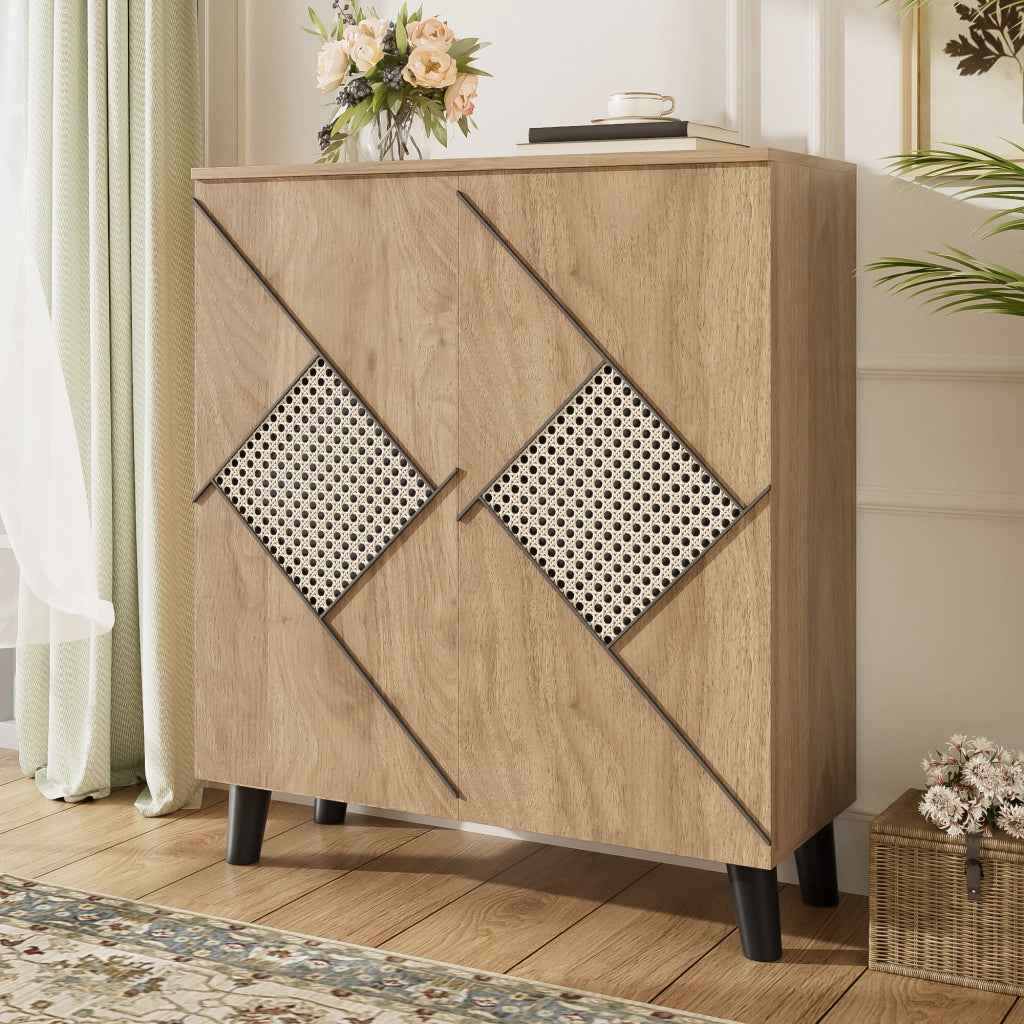 Scarpiera con 2 Ante; Motivo Decorativo Rattan; Contenitore Chiuso; Stile Moderno; in Pannello Truciolare; 80×31×91 cm; Legno