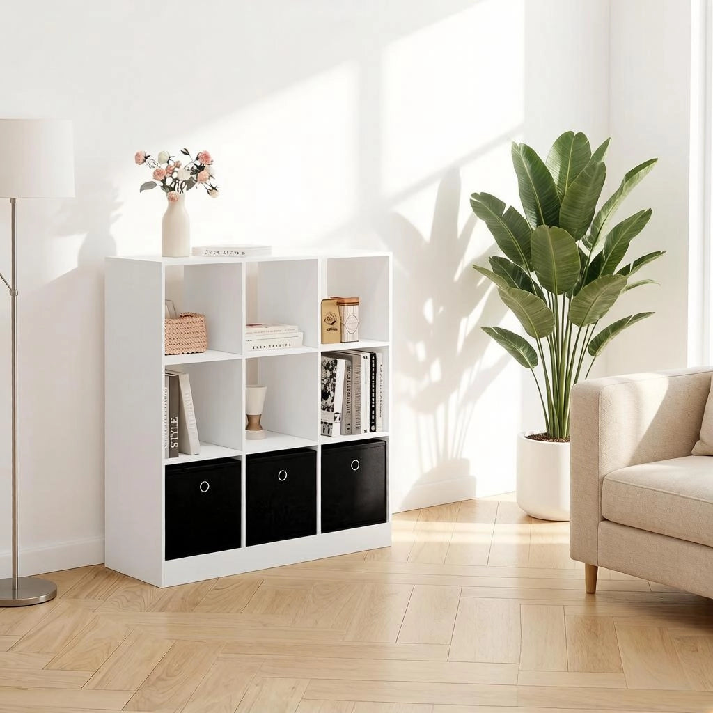Libreria a cubi con 3 cassetti in tessuto, scaffale freestanding, bianco e nero, 80 x 86,5 x 30 cm