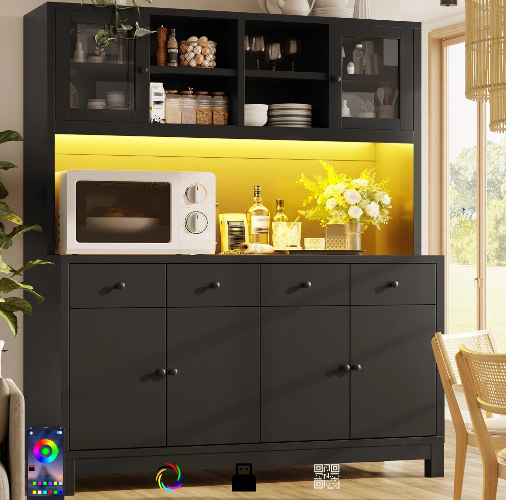 Credenza alta nera con LED RGB, ante in vetro e 4 cassetti
